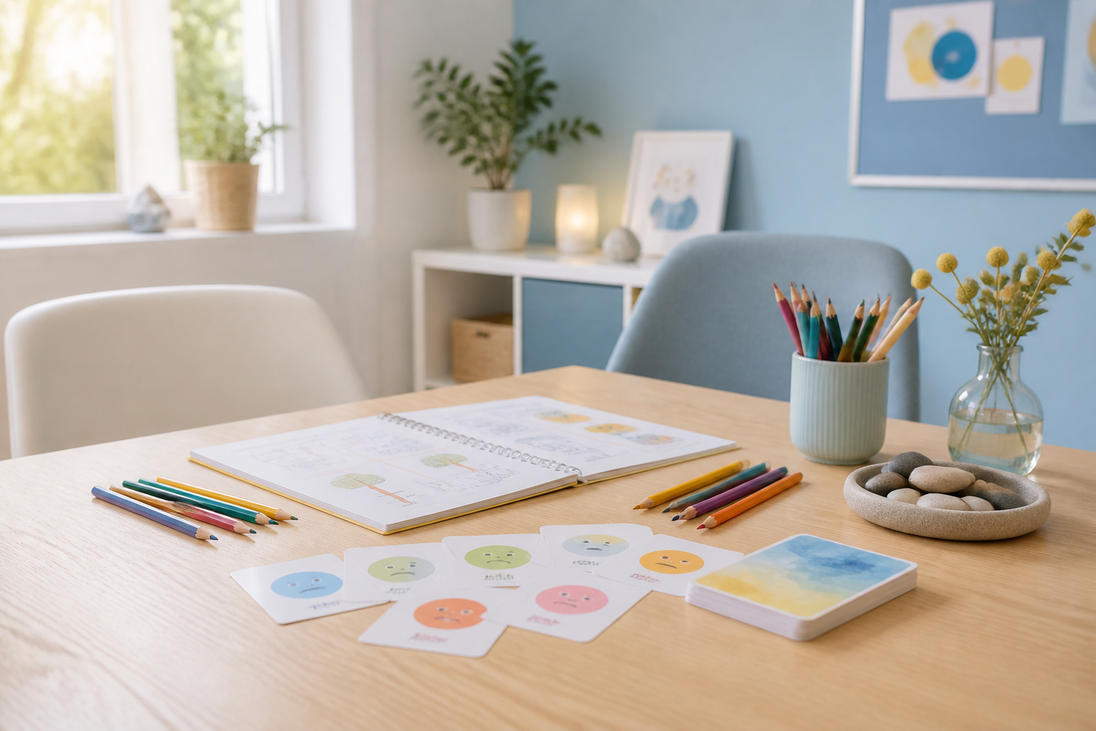 Rustige coachruimte met werkboek, kaartjes en kleurpotloden op tafel.
